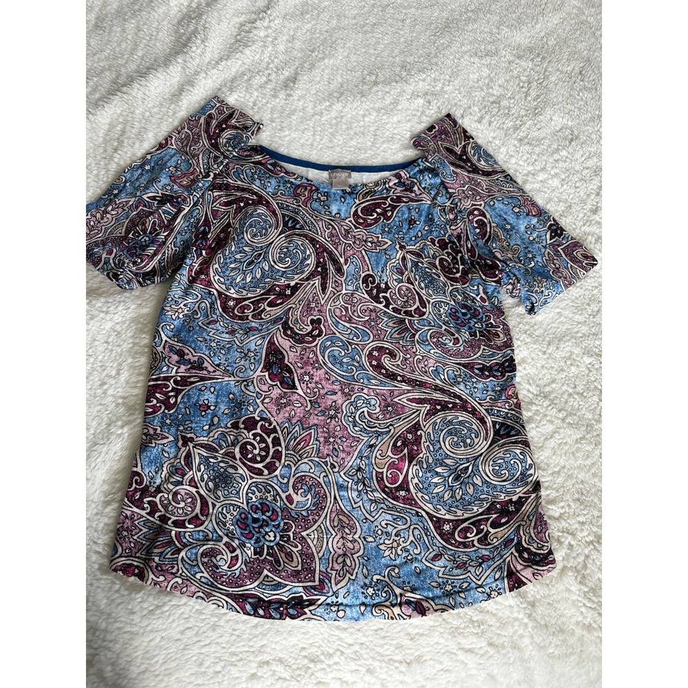 Chico's Paisley Round Neck Top Size 1 (US Medium / 8) Blue Pink Full Sleeve Knit